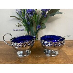 Vintage Celtic Quality Plate Cobalt Blue Glass Cream Sugar English Silver Plate